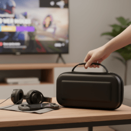 Estuche organizador rígido universal negro para accesorios electrónicos: contiene cables, cargador, mouse inalámbrico y audífonos AirPods. Medidas: 25.5cm.