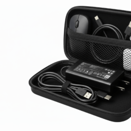 Estuche organizador rígido universal negro para accesorios electrónicos: contiene cables, cargador, mouse inalámbrico y audífonos AirPods. Medidas: 25.5cm.